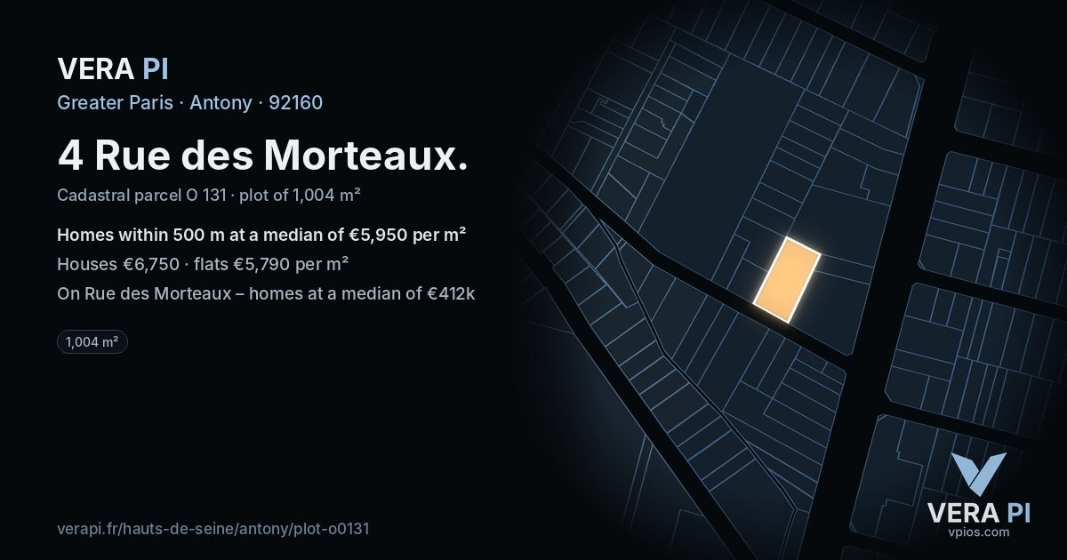 4 Rue des Morteaux, Antony at night – the plot lit, the parcels around coloured by the prices near them