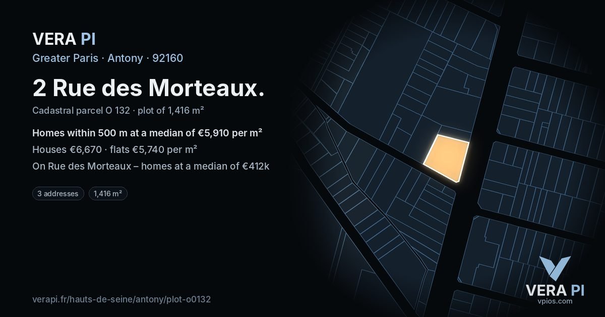 2 Rue des Morteaux, Antony at night – the plot lit, the parcels around coloured by the prices near them