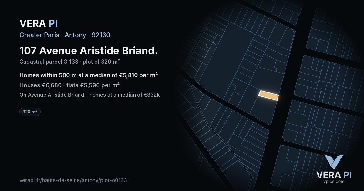 107 Avenue Aristide Briand, Antony at night – the plot lit, the parcels around coloured by the prices near them