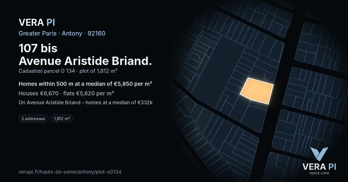 107 bis Avenue Aristide Briand, Antony at night – the plot lit, the parcels around coloured by the prices near them