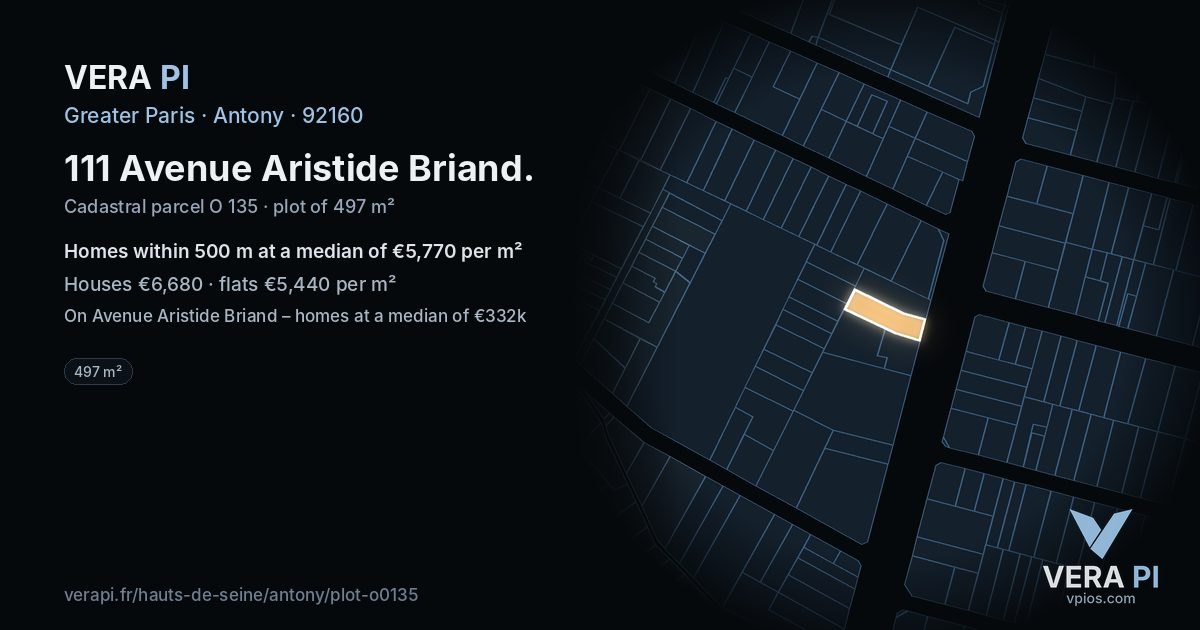 111 Avenue Aristide Briand, Antony at night – the plot lit, the parcels around coloured by the prices near them