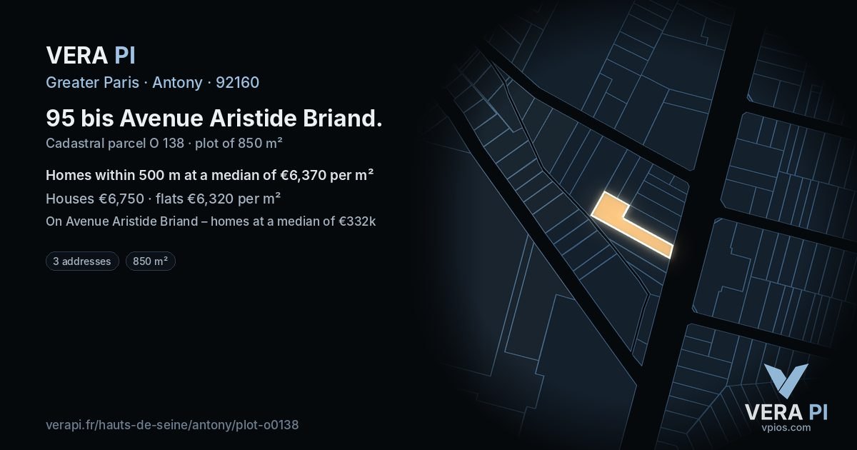 95 bis Avenue Aristide Briand, Antony at night – the plot lit, the parcels around coloured by the prices near them