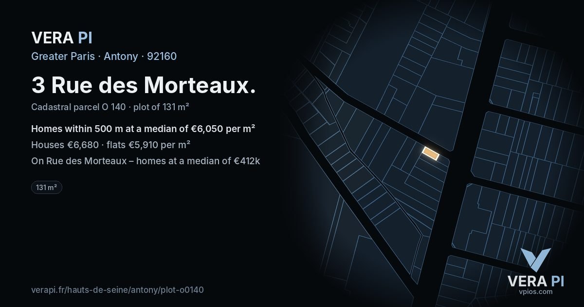3 Rue des Morteaux, Antony at night – the plot lit, the parcels around coloured by the prices near them