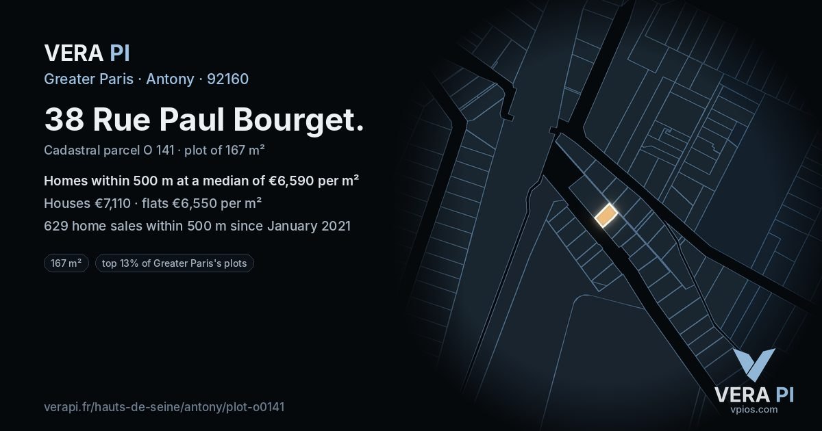 38 Rue Paul Bourget, Antony at night – the plot lit, the parcels around coloured by the prices near them