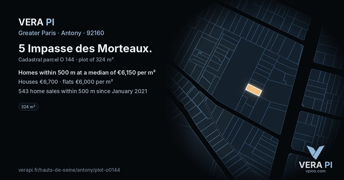 5 Impasse des Morteaux, Antony at night – the plot lit, the parcels around coloured by the prices near them