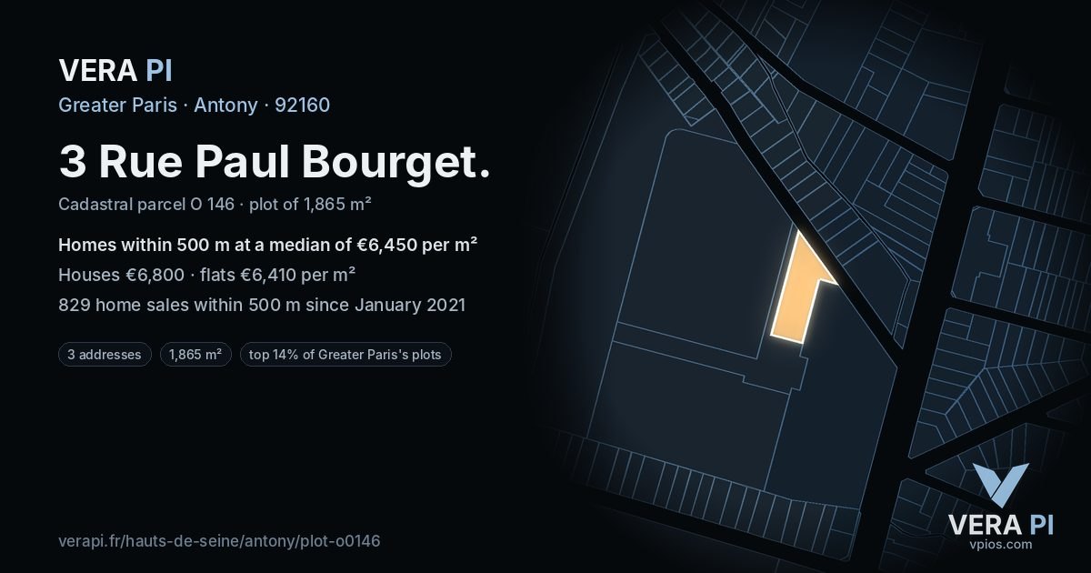 3 Rue Paul Bourget, Antony at night – the plot lit, the parcels around coloured by the prices near them