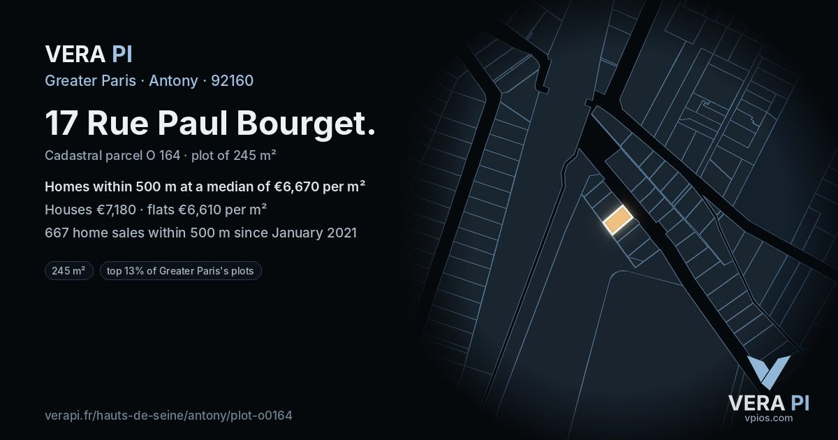 17 Rue Paul Bourget, Antony at night – the plot lit, the parcels around coloured by the prices near them