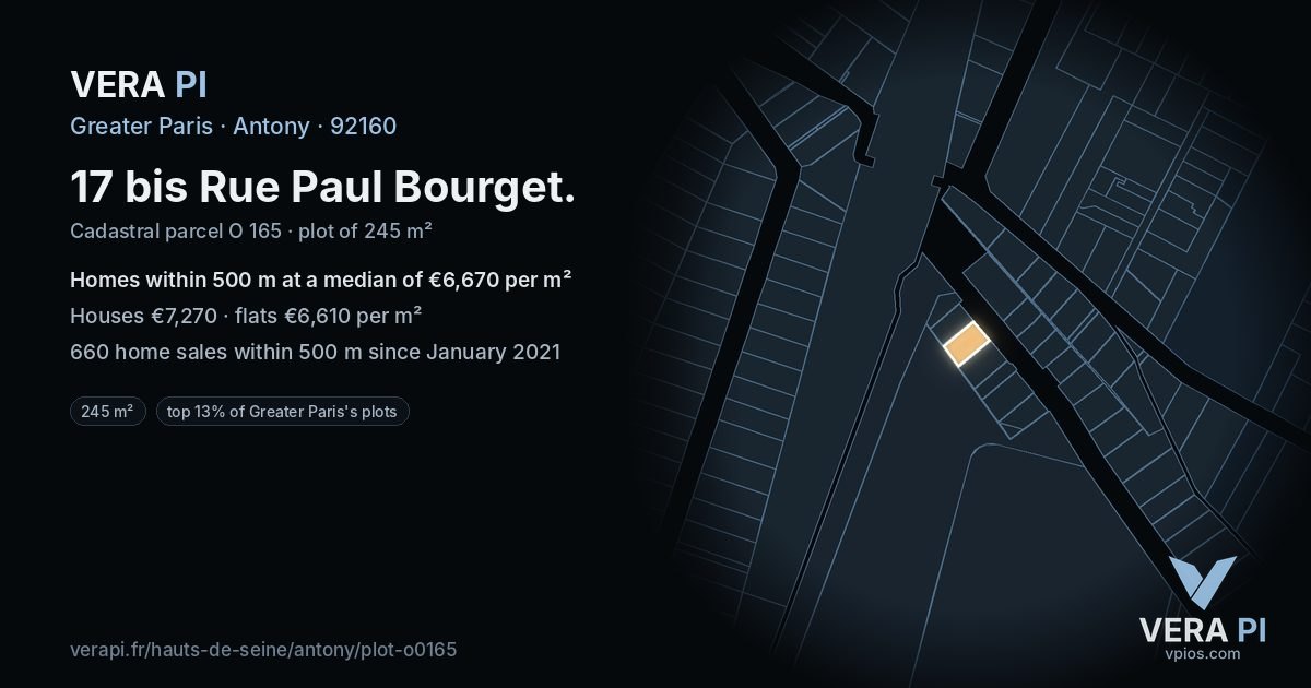17 bis Rue Paul Bourget, Antony at night – the plot lit, the parcels around coloured by the prices near them