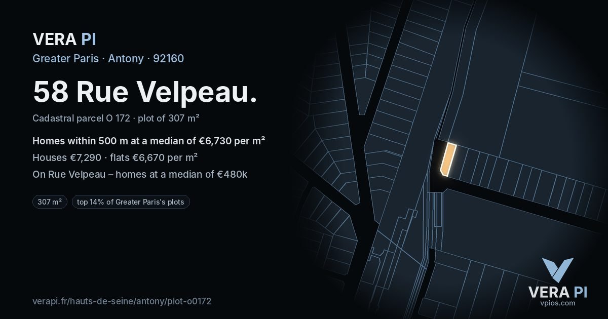 58 Rue Velpeau, Antony at night – the plot lit, the parcels around coloured by the prices near them
