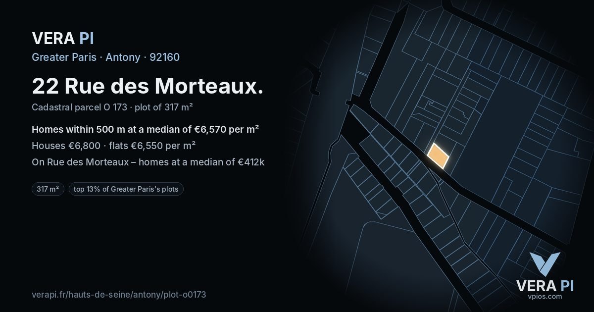 22 Rue des Morteaux, Antony at night – the plot lit, the parcels around coloured by the prices near them