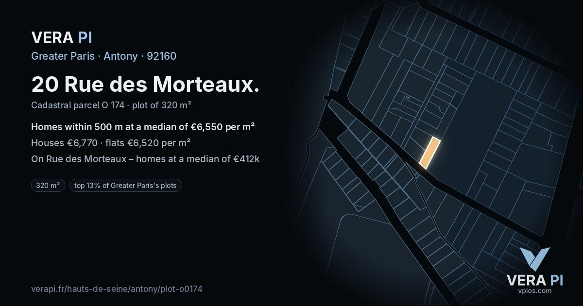 20 Rue des Morteaux, Antony at night – the plot lit, the parcels around coloured by the prices near them