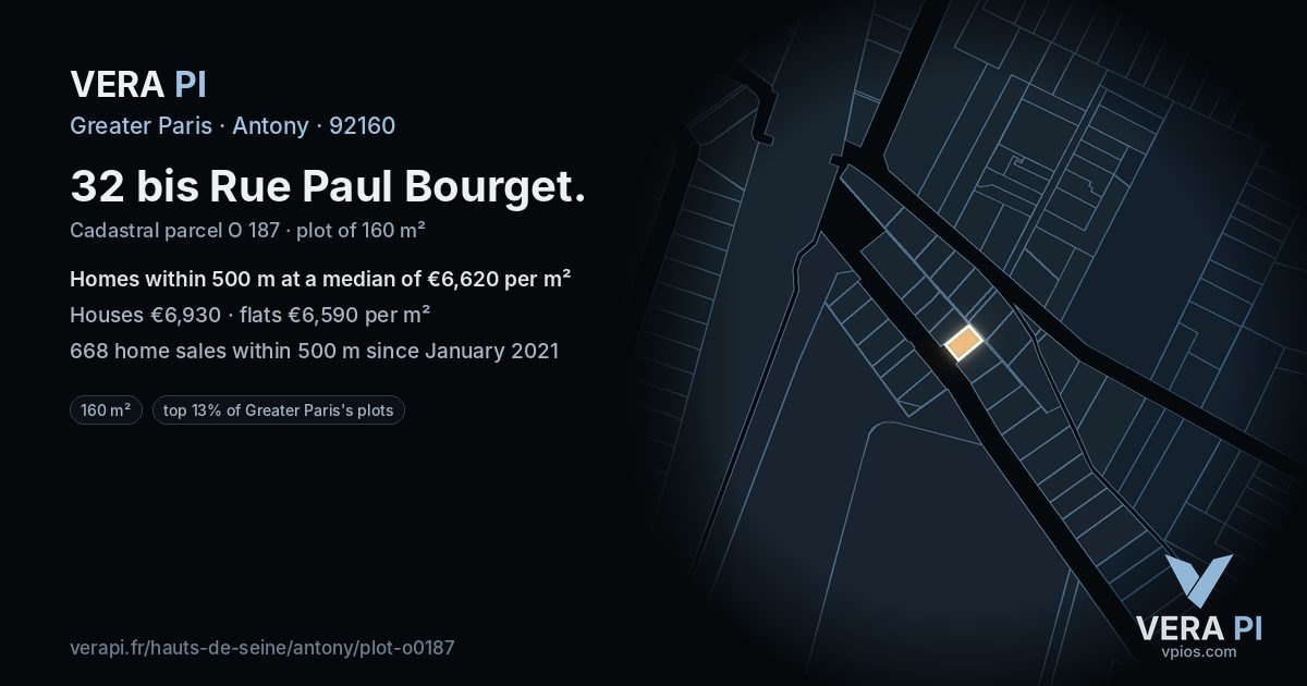 32 bis Rue Paul Bourget, Antony at night – the plot lit, the parcels around coloured by the prices near them