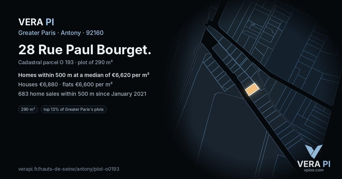 28 Rue Paul Bourget, Antony at night – the plot lit, the parcels around coloured by the prices near them