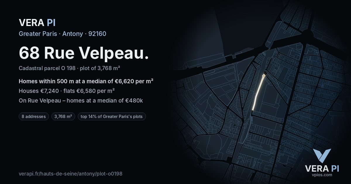 68 Rue Velpeau, Antony at night – the plot lit, the parcels around coloured by the prices near them