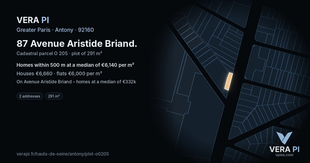 87 Avenue Aristide Briand, Antony at night – the plot lit, the parcels around coloured by the prices near them