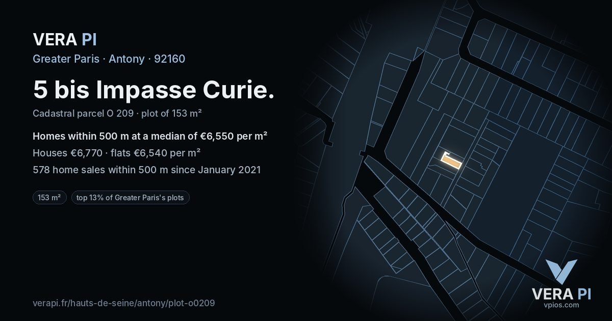 5 bis Impasse Curie, Antony at night – the plot lit, the parcels around coloured by the prices near them