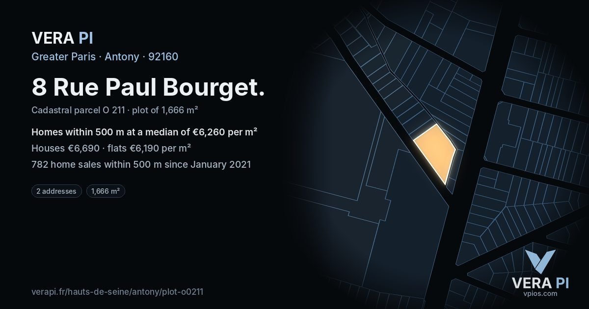 8 Rue Paul Bourget, Antony at night – the plot lit, the parcels around coloured by the prices near them