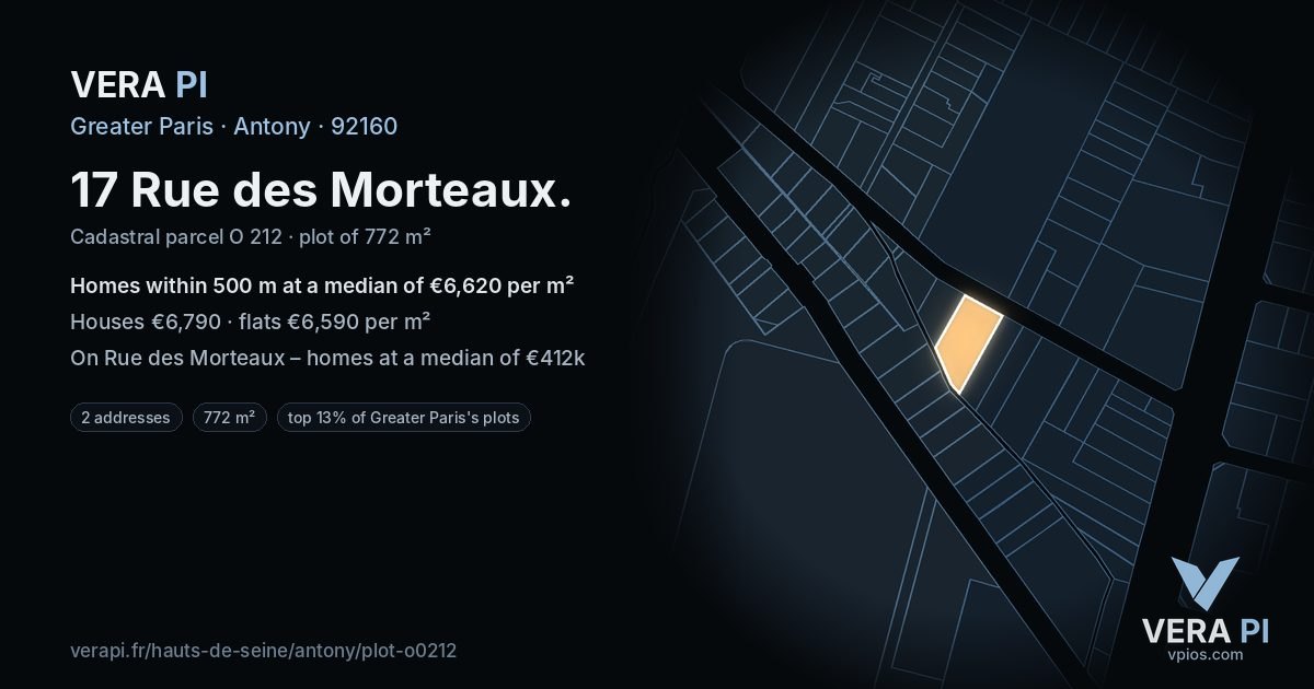 17 Rue des Morteaux, Antony at night – the plot lit, the parcels around coloured by the prices near them