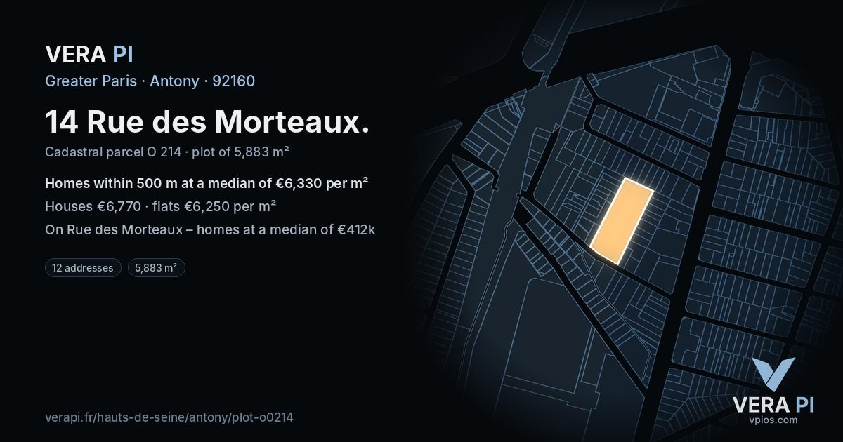 14 Rue des Morteaux, Antony at night – the plot lit, the parcels around coloured by the prices near them