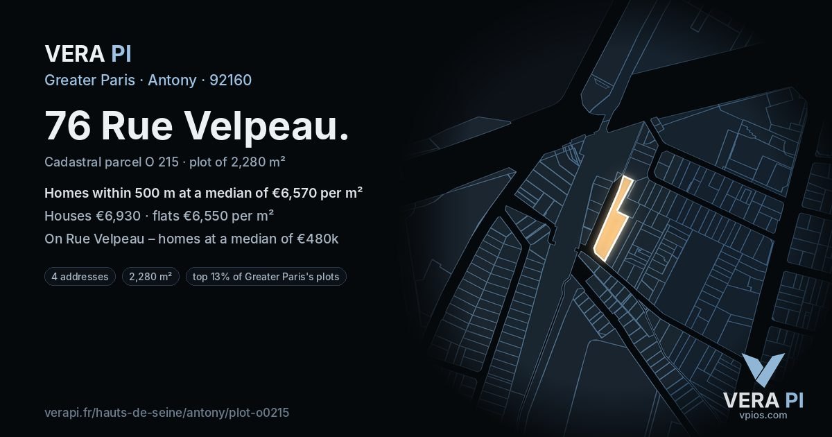 76 Rue Velpeau, Antony at night – the plot lit, the parcels around coloured by the prices near them
