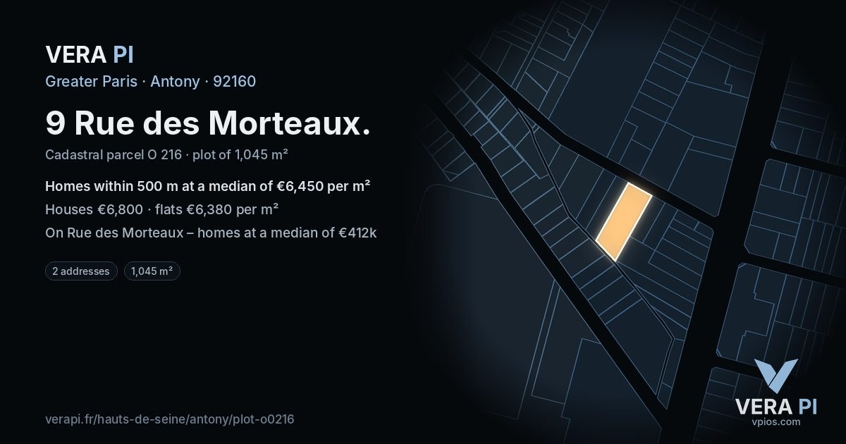 9 Rue des Morteaux, Antony at night – the plot lit, the parcels around coloured by the prices near them