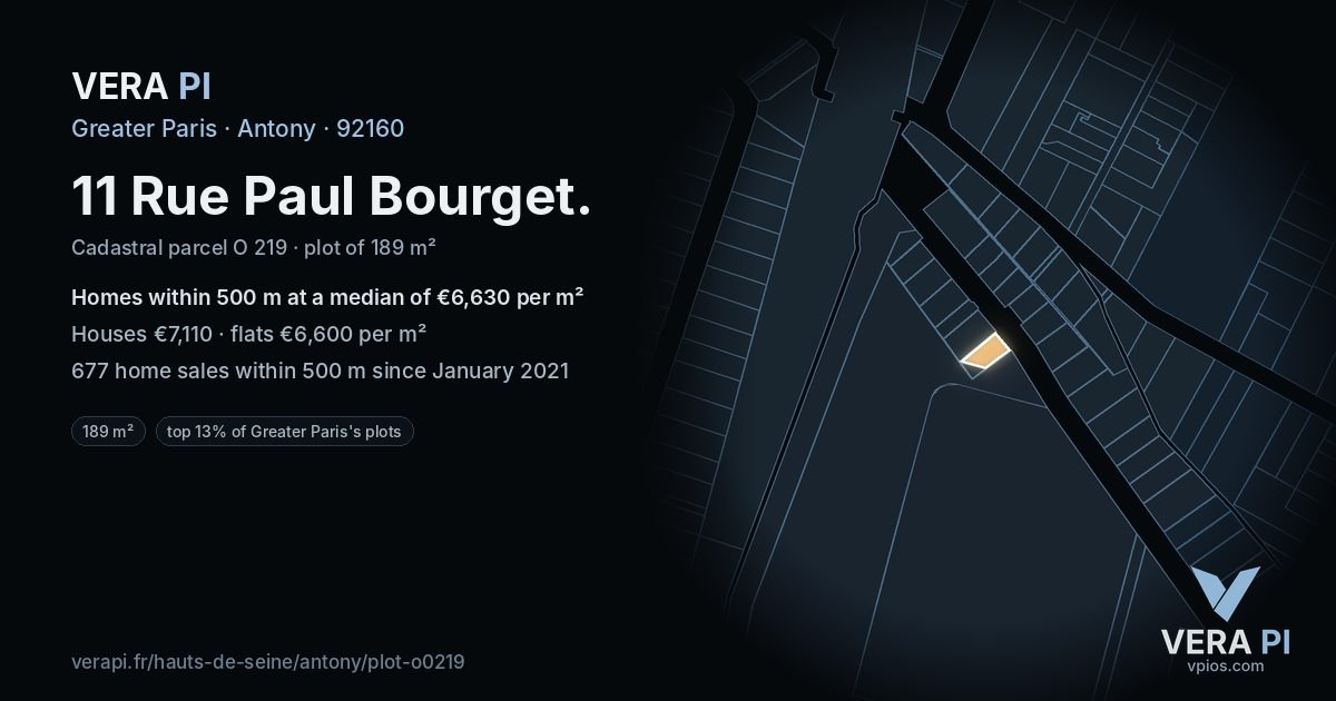 11 Rue Paul Bourget, Antony at night – the plot lit, the parcels around coloured by the prices near them
