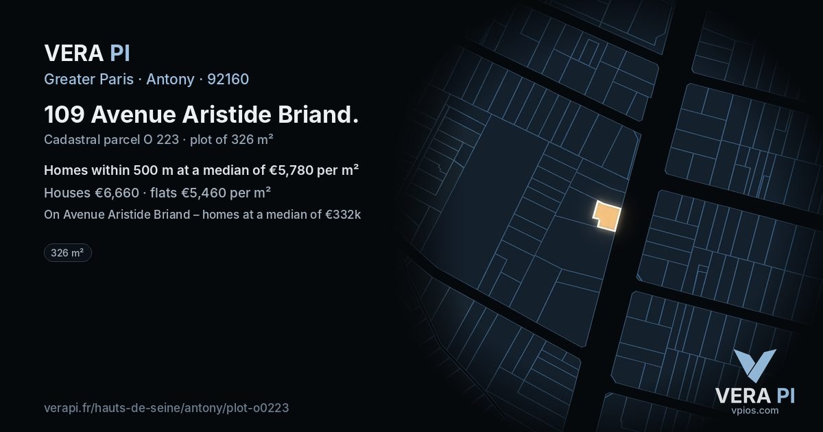 109 Avenue Aristide Briand, Antony at night – the plot lit, the parcels around coloured by the prices near them