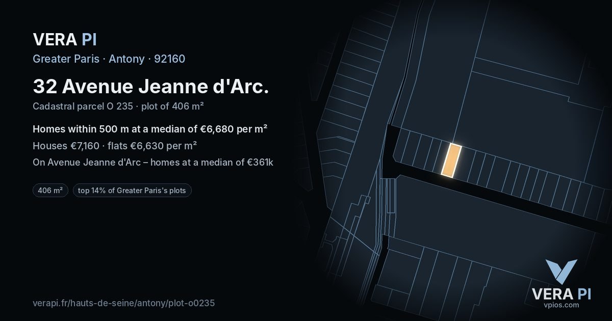 32 Avenue Jeanne d'Arc, Antony at night – the plot lit, the parcels around coloured by the prices near them
