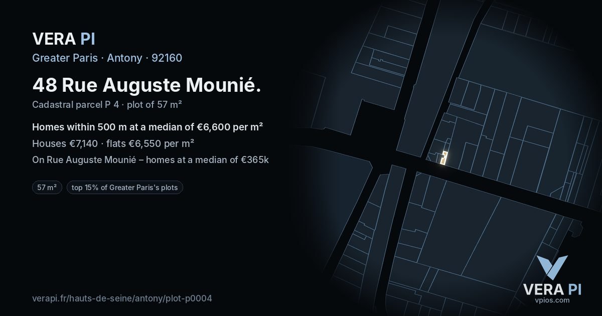 48 Rue Auguste Mounié, Antony at night – the plot lit, the parcels around coloured by the prices near them