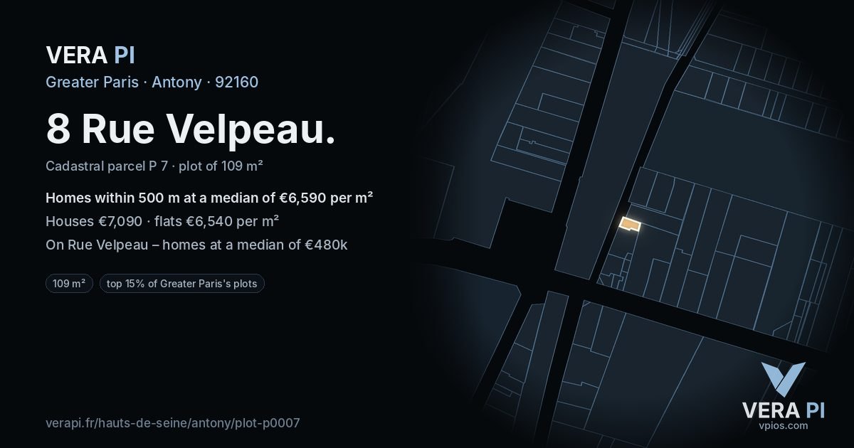 8 Rue Velpeau, Antony at night – the plot lit, the parcels around coloured by the prices near them