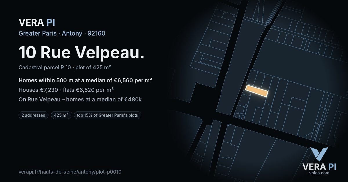 10 Rue Velpeau, Antony at night – the plot lit, the parcels around coloured by the prices near them