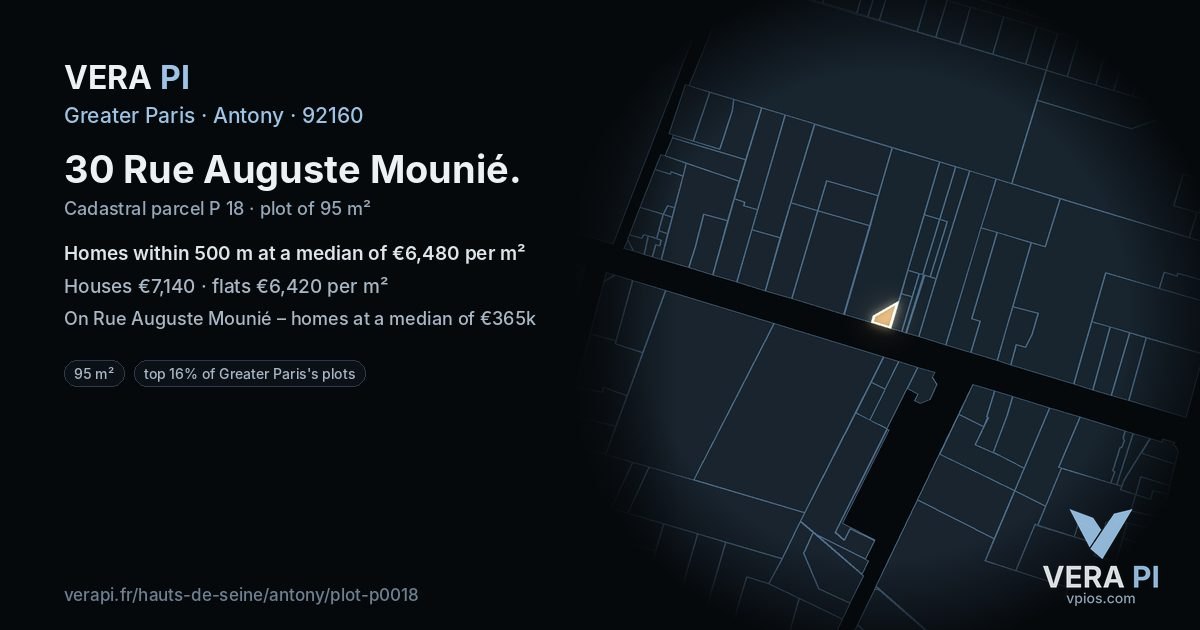 30 Rue Auguste Mounié, Antony at night – the plot lit, the parcels around coloured by the prices near them