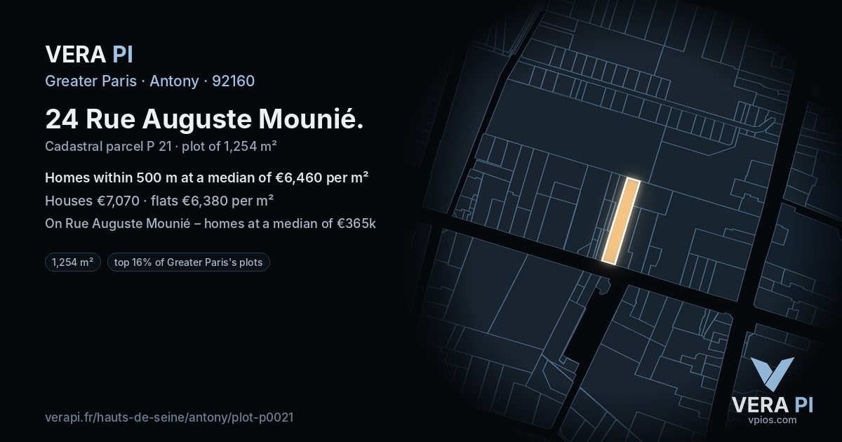 24 Rue Auguste Mounié, Antony at night – the plot lit, the parcels around coloured by the prices near them