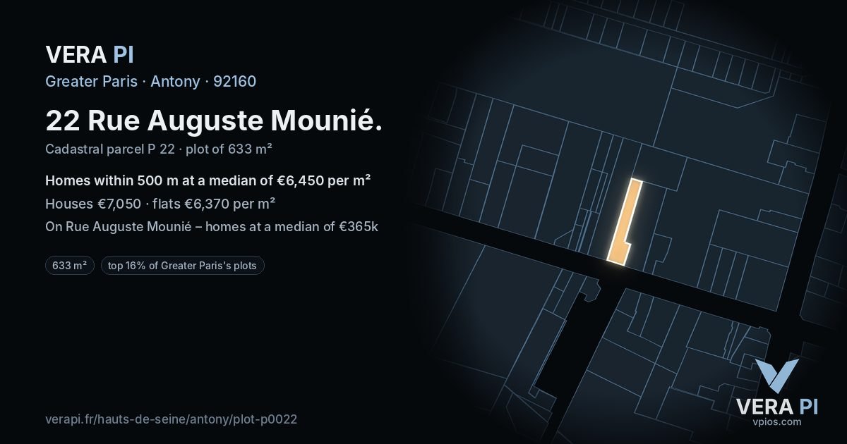 22 Rue Auguste Mounié, Antony at night – the plot lit, the parcels around coloured by the prices near them