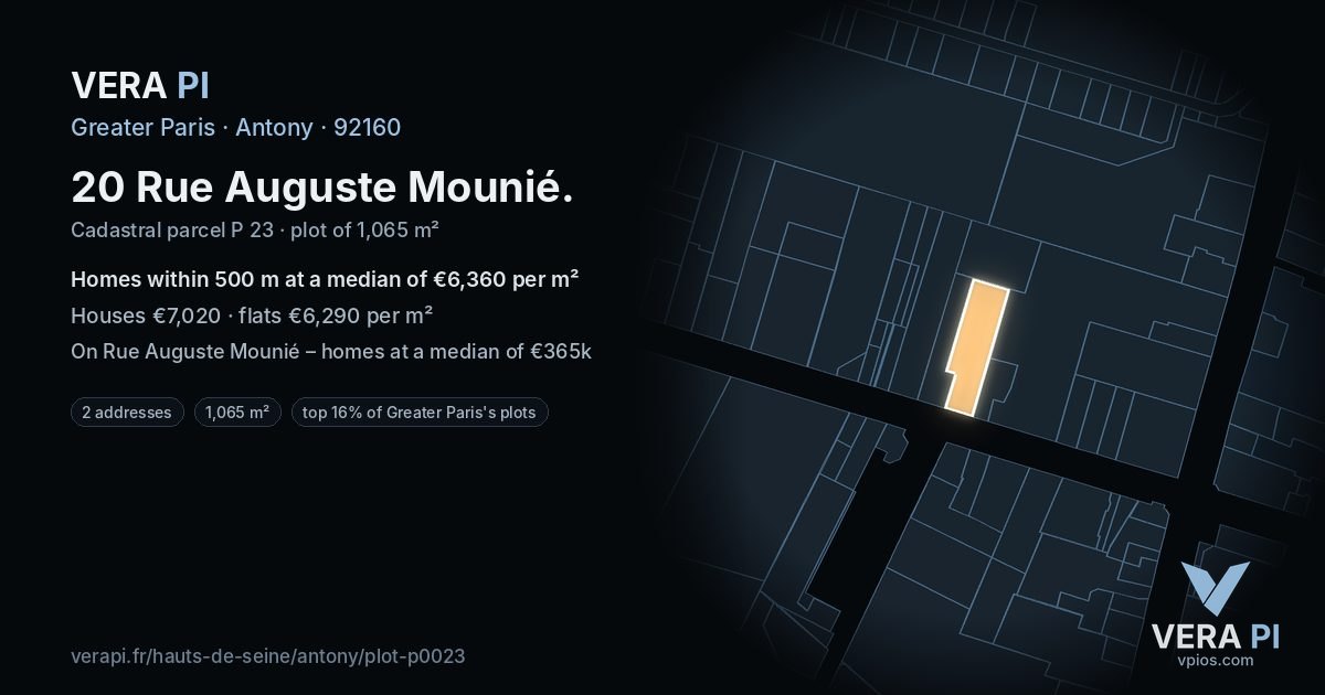 20 Rue Auguste Mounié, Antony at night – the plot lit, the parcels around coloured by the prices near them