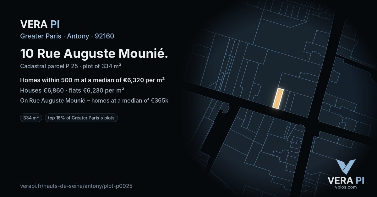 10 Rue Auguste Mounié, Antony at night – the plot lit, the parcels around coloured by the prices near them