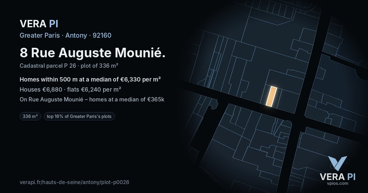 8 Rue Auguste Mounié, Antony at night – the plot lit, the parcels around coloured by the prices near them