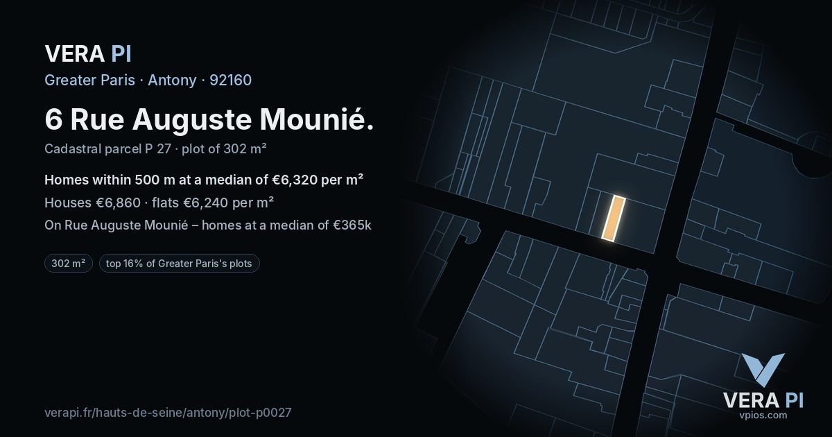 6 Rue Auguste Mounié, Antony at night – the plot lit, the parcels around coloured by the prices near them