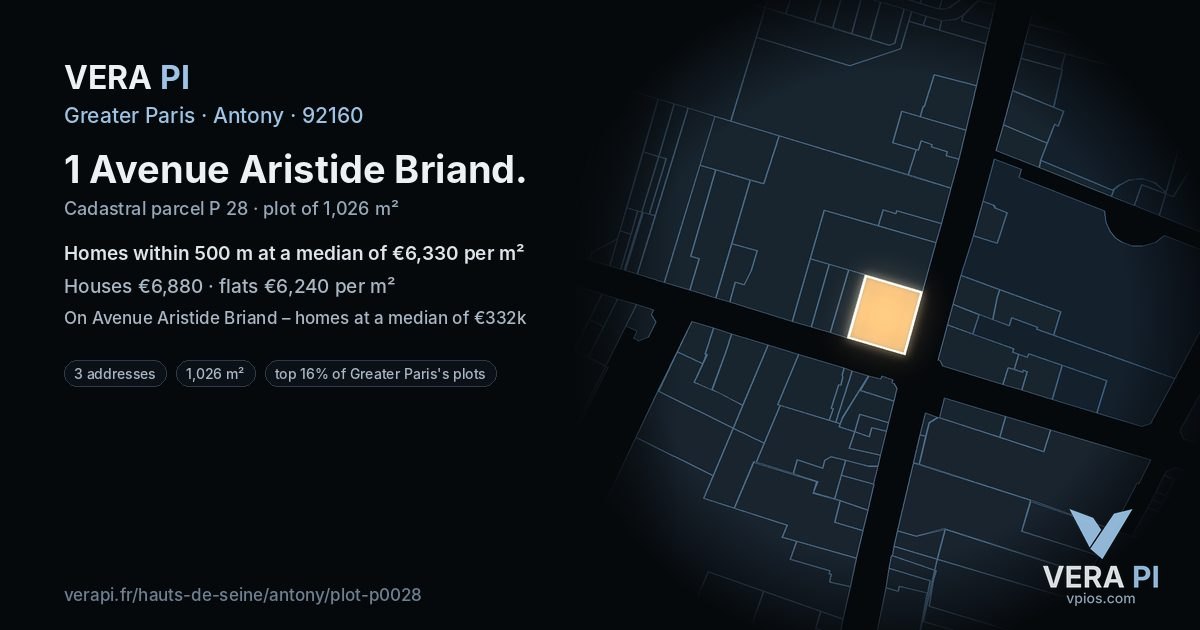 1 Avenue Aristide Briand, Antony at night – the plot lit, the parcels around coloured by the prices near them