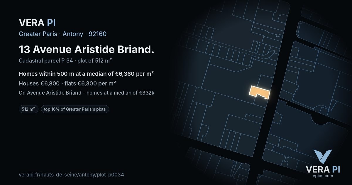 13 Avenue Aristide Briand, Antony at night – the plot lit, the parcels around coloured by the prices near them