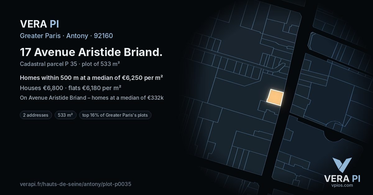 17 Avenue Aristide Briand, Antony at night – the plot lit, the parcels around coloured by the prices near them