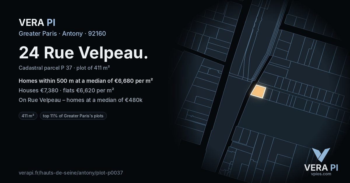 24 Rue Velpeau, Antony at night – the plot lit, the parcels around coloured by the prices near them