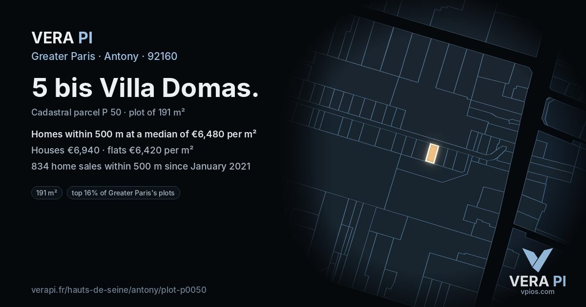 5 bis Villa Domas, Antony at night – the plot lit, the parcels around coloured by the prices near them