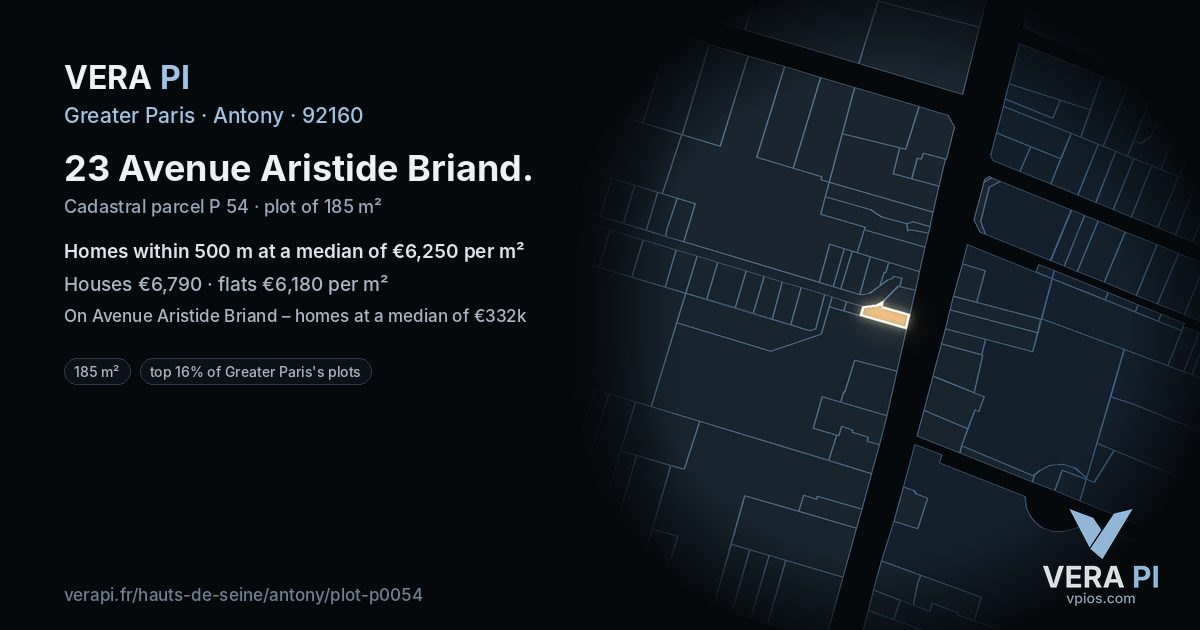 23 Avenue Aristide Briand, Antony at night – the plot lit, the parcels around coloured by the prices near them