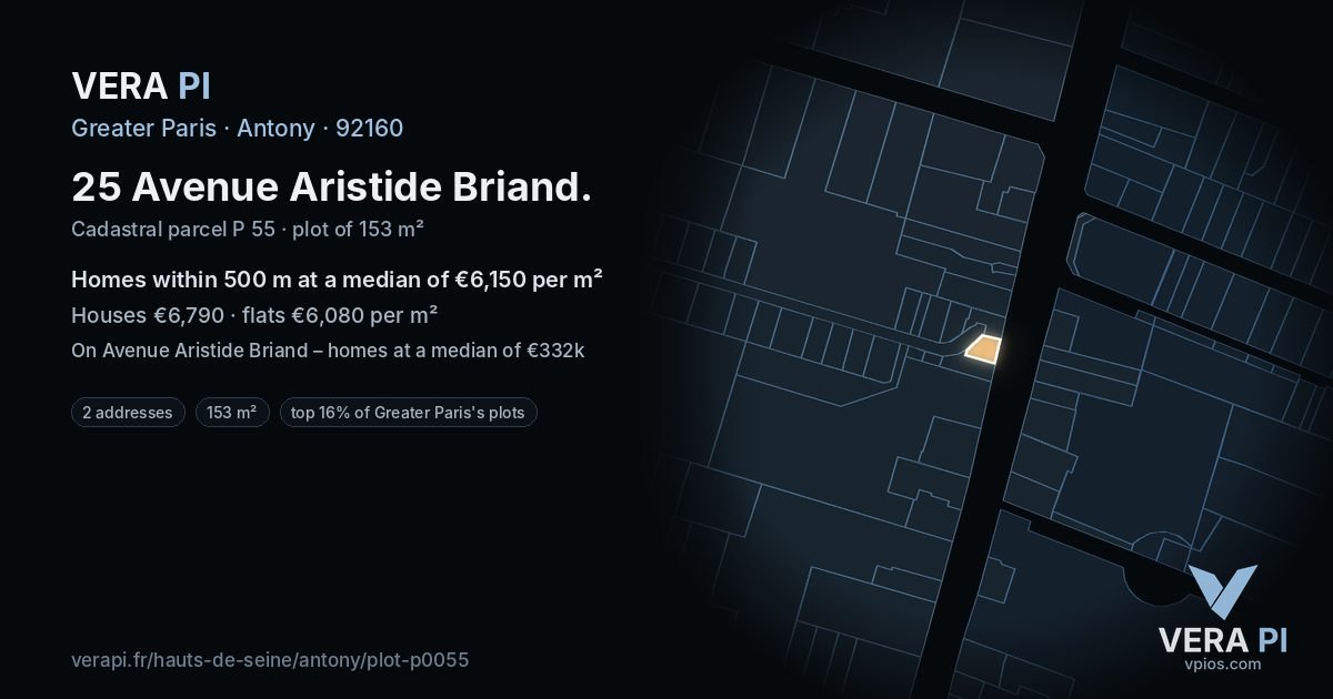 25 Avenue Aristide Briand, Antony at night – the plot lit, the parcels around coloured by the prices near them