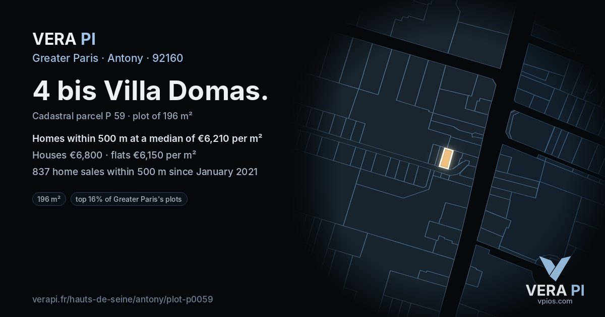 4 bis Villa Domas, Antony at night – the plot lit, the parcels around coloured by the prices near them