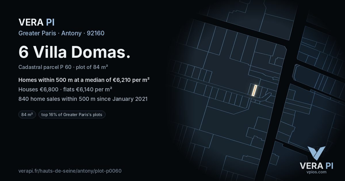 6 Villa Domas, Antony at night – the plot lit, the parcels around coloured by the prices near them