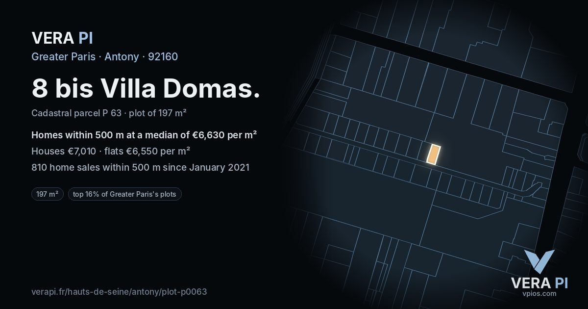 8 bis Villa Domas, Antony at night – the plot lit, the parcels around coloured by the prices near them
