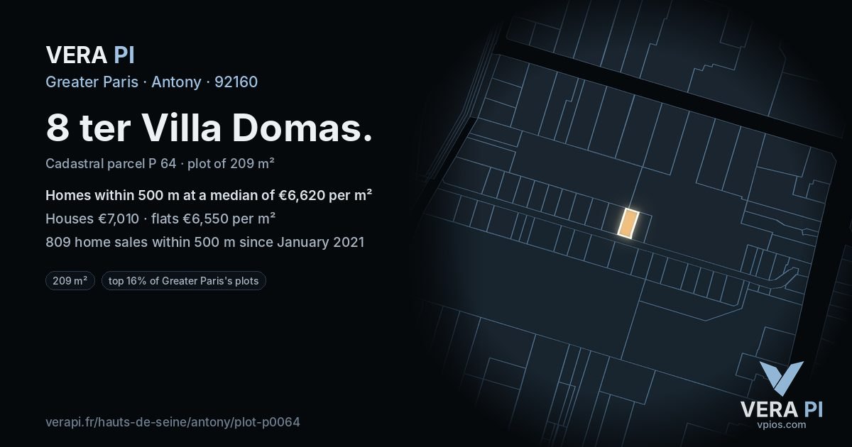 8 ter Villa Domas, Antony at night – the plot lit, the parcels around coloured by the prices near them