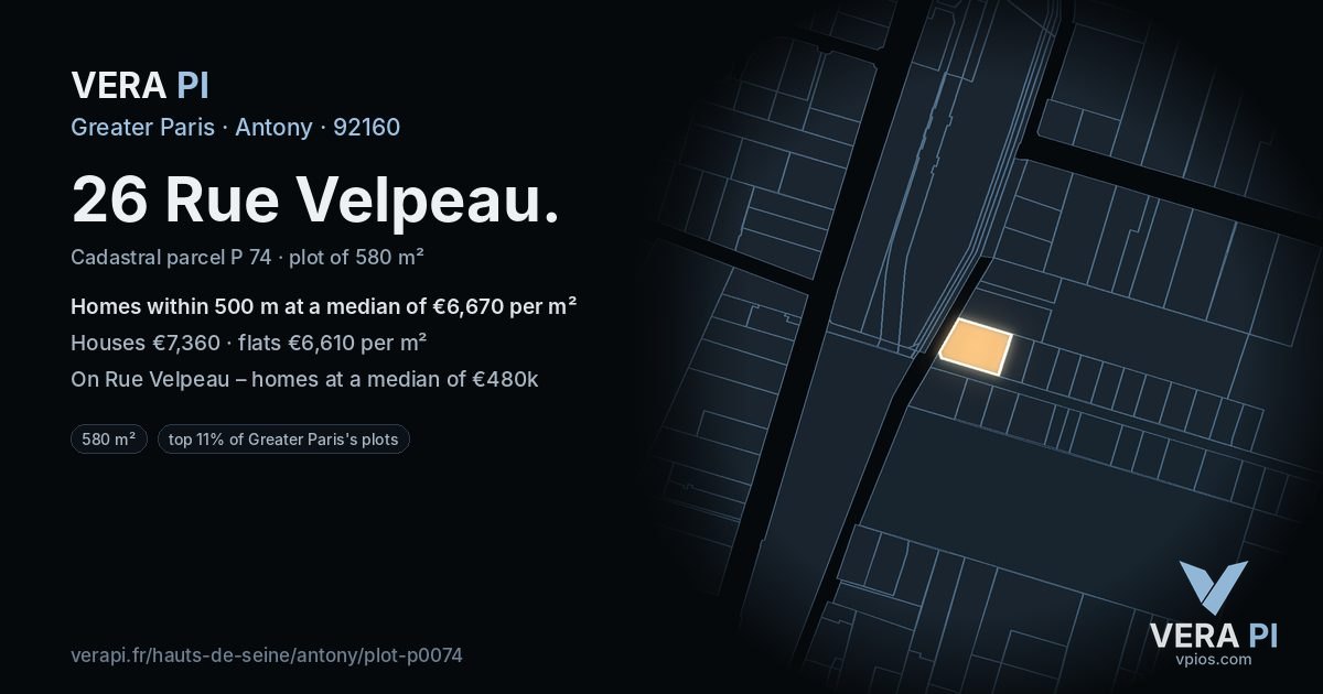 26 Rue Velpeau, Antony at night – the plot lit, the parcels around coloured by the prices near them
